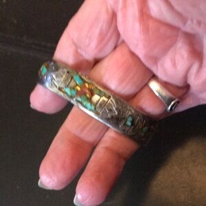 Vintage Artisan Made Native American Sterling Turquoise Inlay Bracelet - Mended